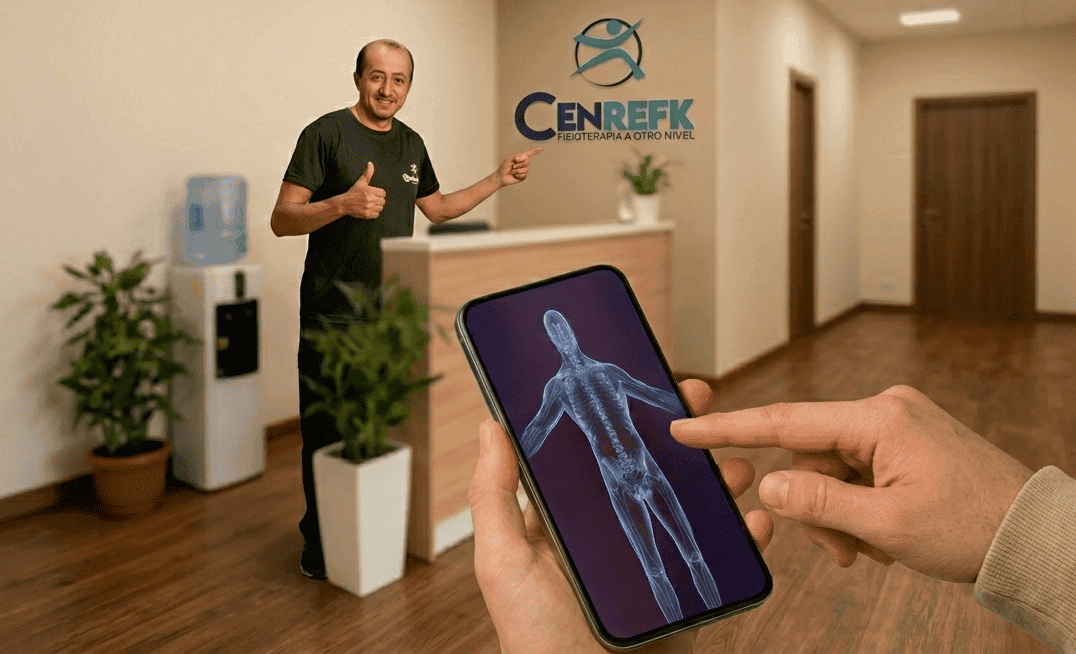 Diagnóstico de salud con tecnología AO Scan mostrando escaneo de frecuencias corporales en un dispositivo móvil en la clínica CENREFK